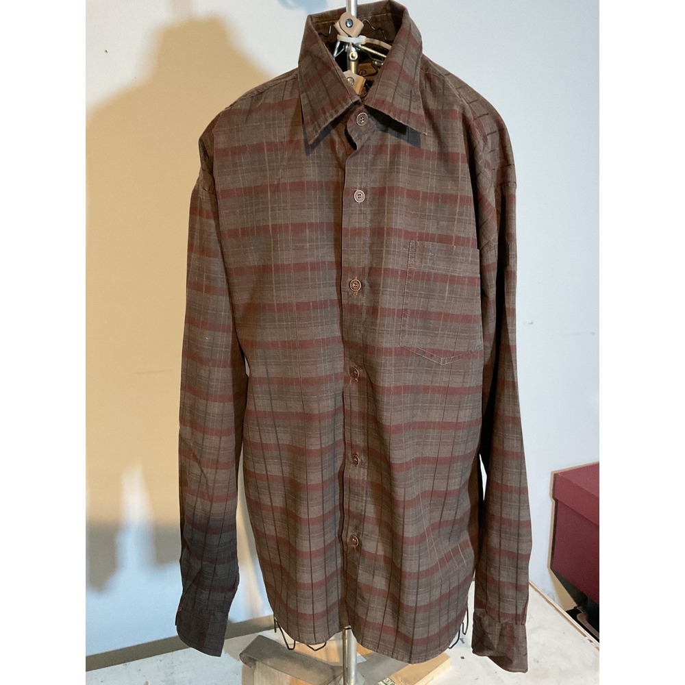 Elegance Mens XL Brown Red Plaid‎ Long Sleeve Button Down Shirt Single Pocket